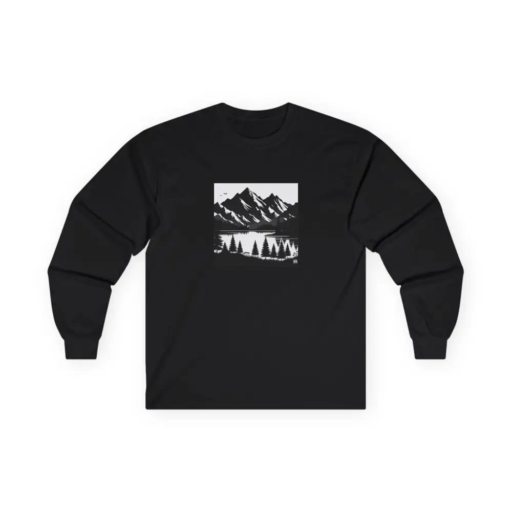 Black Silhouette Mountain Scene Long Sleeve T Shirt – Western Nature Lake & Pines | Double R Western™ S / Black Long