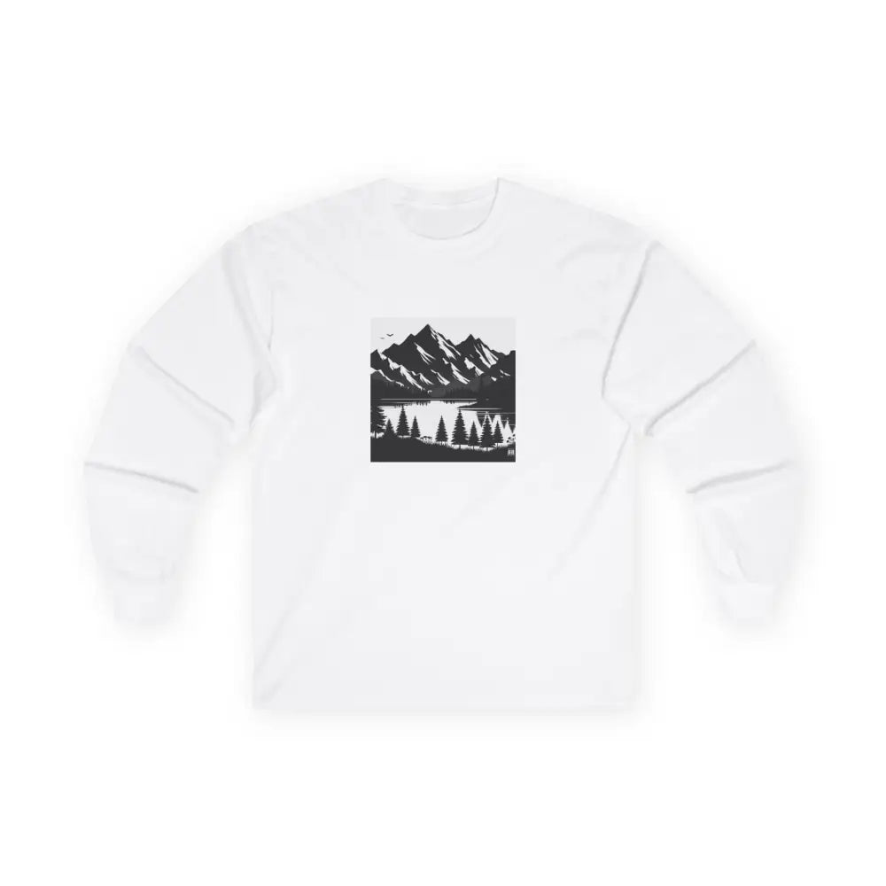 Black Silhouette Mountain Scene Long Sleeve T Shirt – Western Nature Lake & Pines | Double R Western™ S / White Long