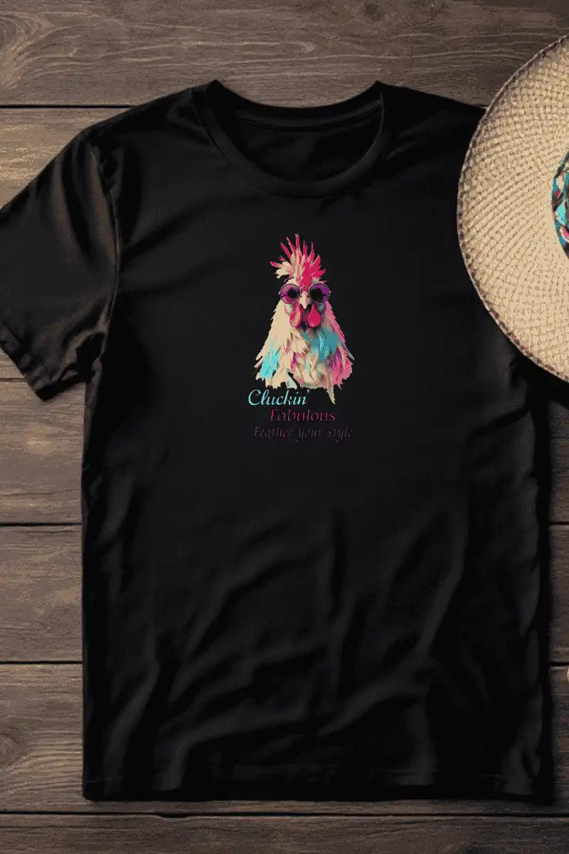 Clucking Cool Rooster graphic t-shirt featuring a rooster wearing sunglasses, representing Double R Western’s bold and playful new apparel styles