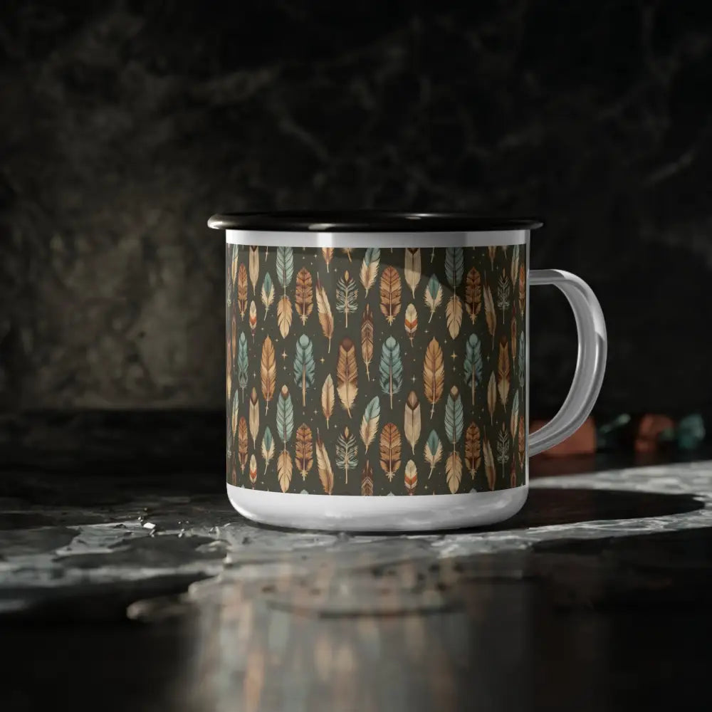 Boho Feather Trail Enamel Camp Mug Perfect for Camping & Outdoor Adventures 12oz / Black Rim Mug