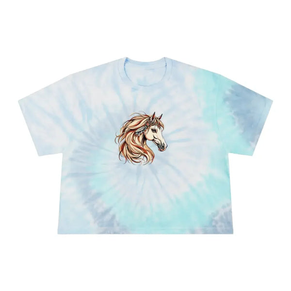 Tie-dye T-shirt with chest horse graphic, light blue and white swirl