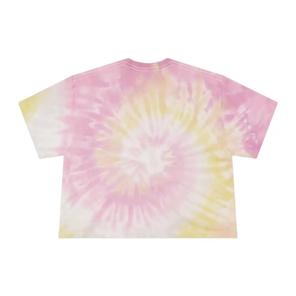Tie-dye T-shirt back, pink and yellow sunburst tie-dye pattern