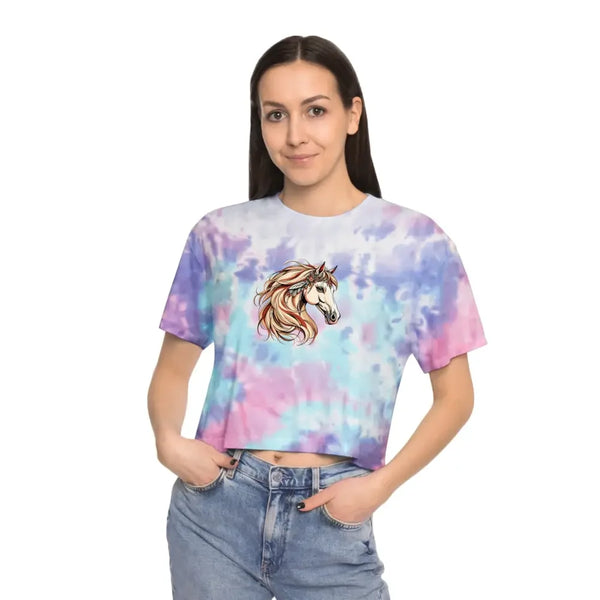 Tie-dye T-shirt on model, pastel purple and aqua swirl with horse graphic