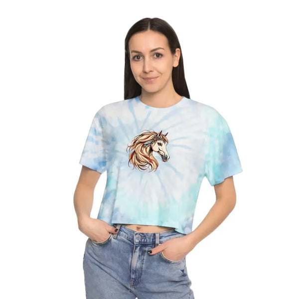 Tie-dye T-shirt on model, light blue and white swirl with horse graphic