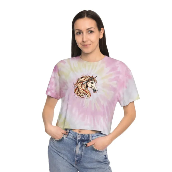Tie-dye T-shirt on model, pastel pink and yellow swirl with horse graphic