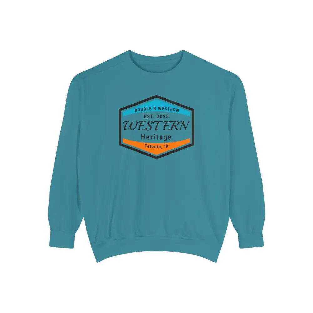 Double R Western™ Heritage Unisex Garment Dyed Sweatshirt – | Western Style Crewneck | Tetonia ID Topaz Blue / S