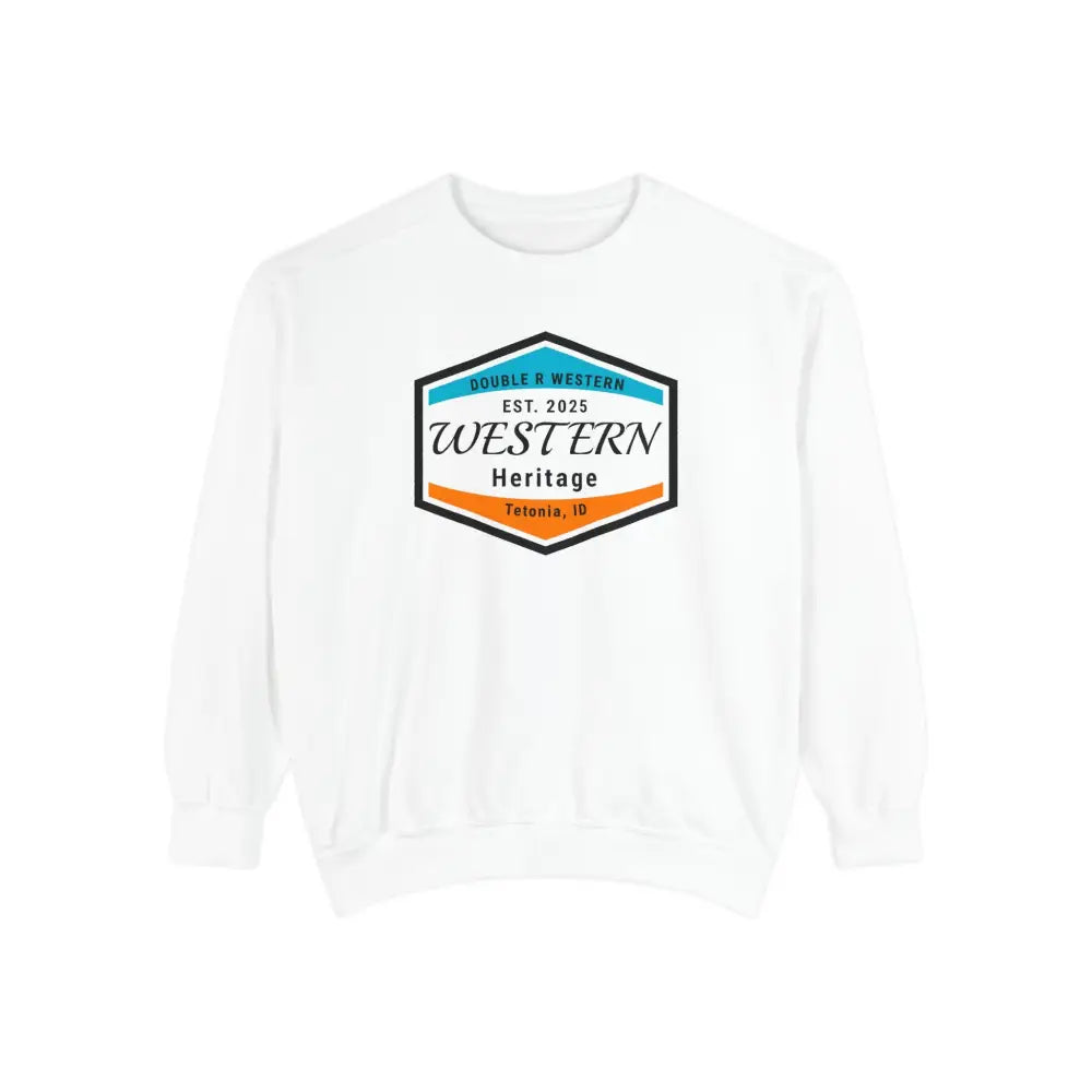 Double R Western™ Heritage Unisex Garment Dyed Sweatshirt – | Western Style Crewneck | Tetonia ID White / L Sweatshirt