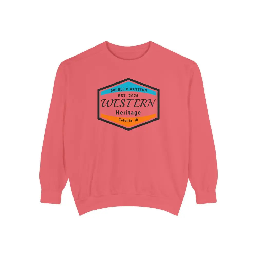 Double R Western™ Heritage Unisex Garment Dyed Sweatshirt – | Western Style Crewneck | Tetonia ID Watermelon / S