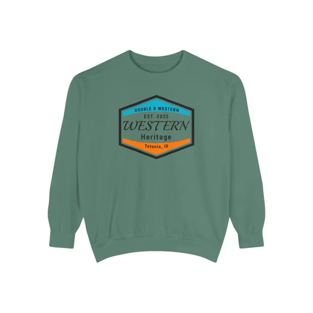 Double R Western™ Heritage Unisex Garment Dyed Sweatshirt – | Western Style Crewneck | Tetonia ID Light Green / S
