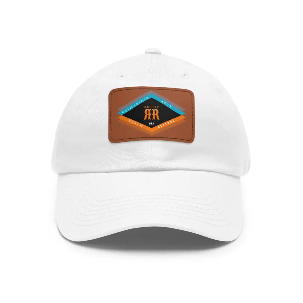 ’Double RR Reimagined 2025’’’ Double R Western’s Dad Hat with Leather Patch (Rectangle) White / Light Brown patch