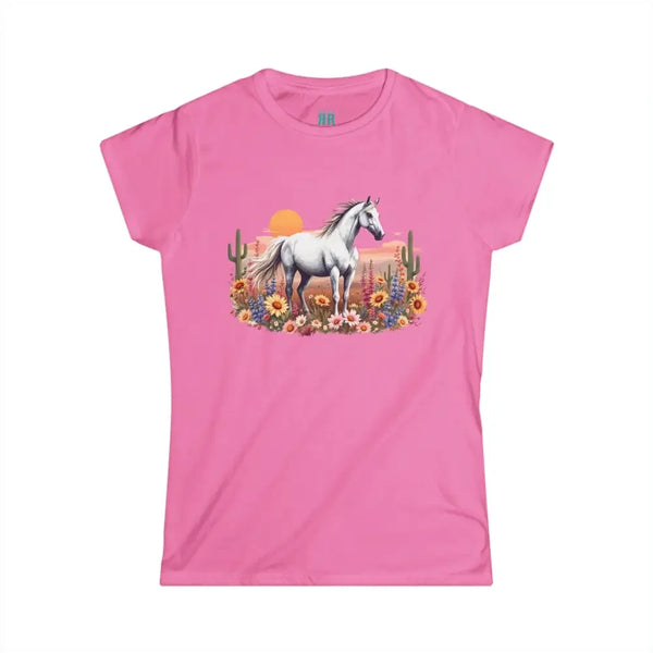 Pink women’s crew-neck tee with white horse floral sunset graphic