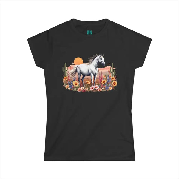 Black women’s crew-neck tee with white horse floral sunset graphic
