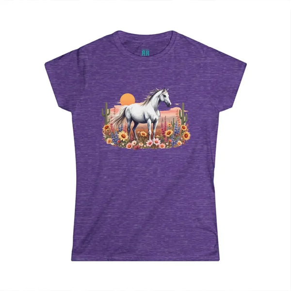 Heather purple women’s crew-neck tee with white horse floral sunset graphic