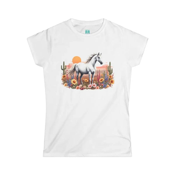 White women’s crew-neck tee with white horse and colorful floral sunset graphic