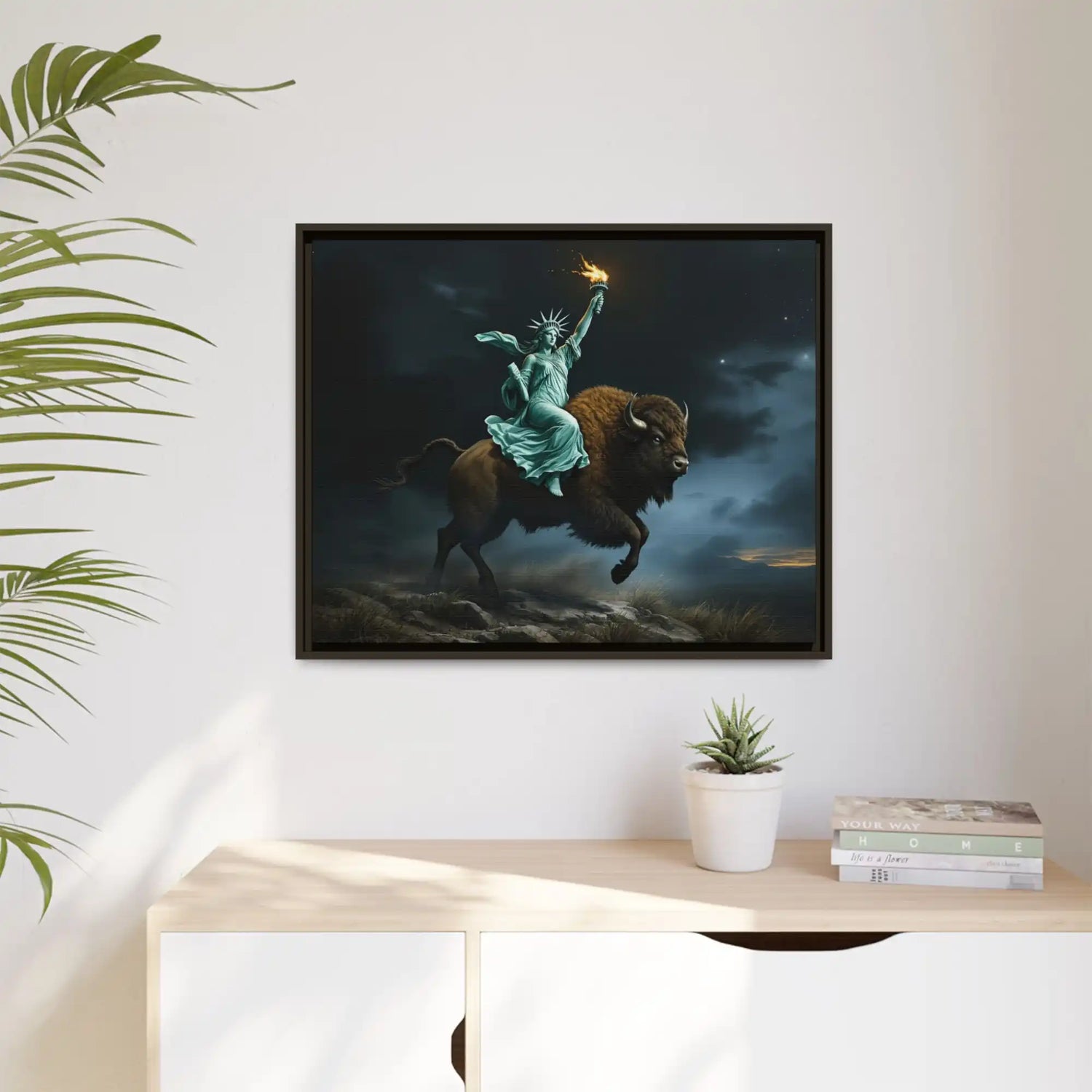 Framed canvas print depicting the Statue of Liberty riding a buffalo.