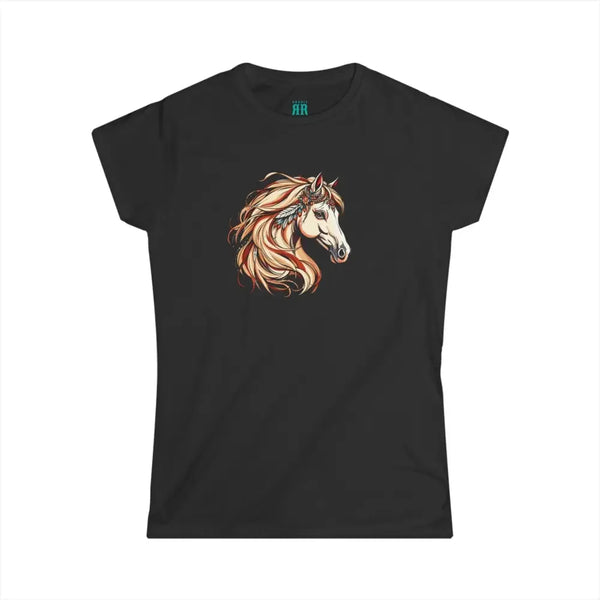 Black graphic T-shirt with colorful horse head print on the front