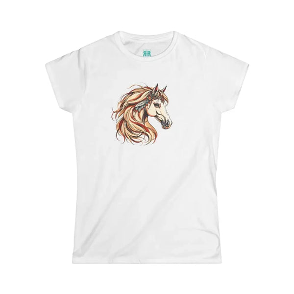 White graphic T-shirt with colorful horse head print on the front