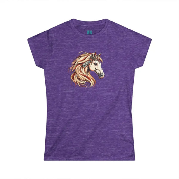 Purple heather graphic T-shirt with colorful horse head print on the front