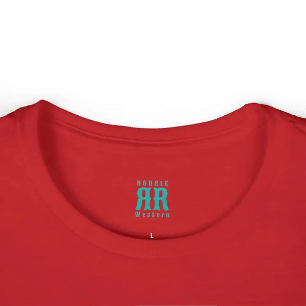 Red T-shirt neckline with Double R Western logo and size label