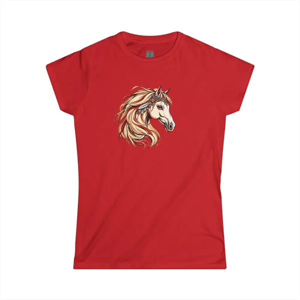 Red graphic T-shirt with colorful horse head print on the front