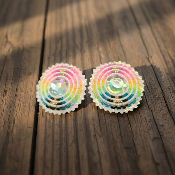 Native-Crafted Hand-Beaded White Neon Stud Earrings by Darnell Johnson, front view