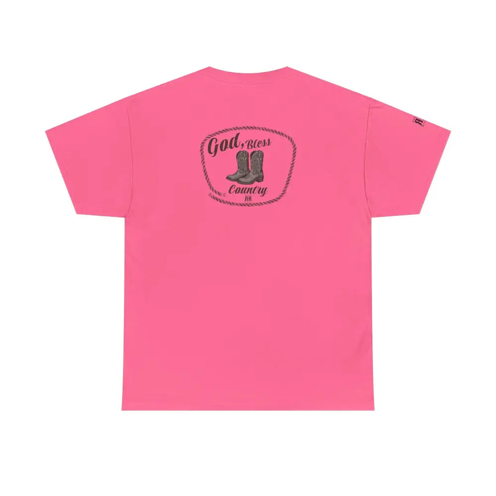 ’God Bless Country’ - Double R Western’s - Back Graphic Heavy Cotton Tee - Safety Pink / S - T-Shirt