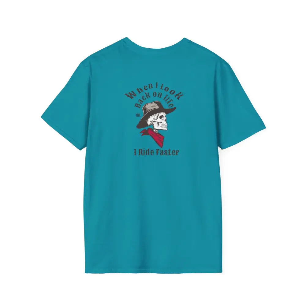 ’Grim Rider looking back’ BACK DESIGN Double R Western’s™ Softstyle T Shirt S / Tropical Blue T Shirt
