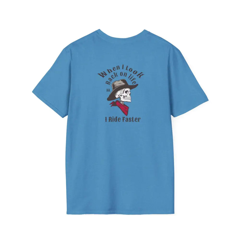’Grim Rider looking back’ BACK DESIGN Double R Western’s™ Softstyle T Shirt S / Heather Sapphire T Shirt