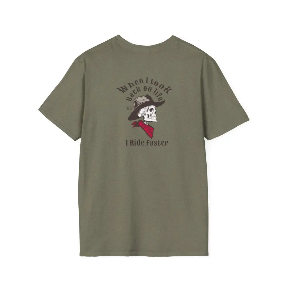 ’Grim Rider looking back’ BACK DESIGN Double R Western’s™ Softstyle T Shirt S / Heather Military Green T Shirt