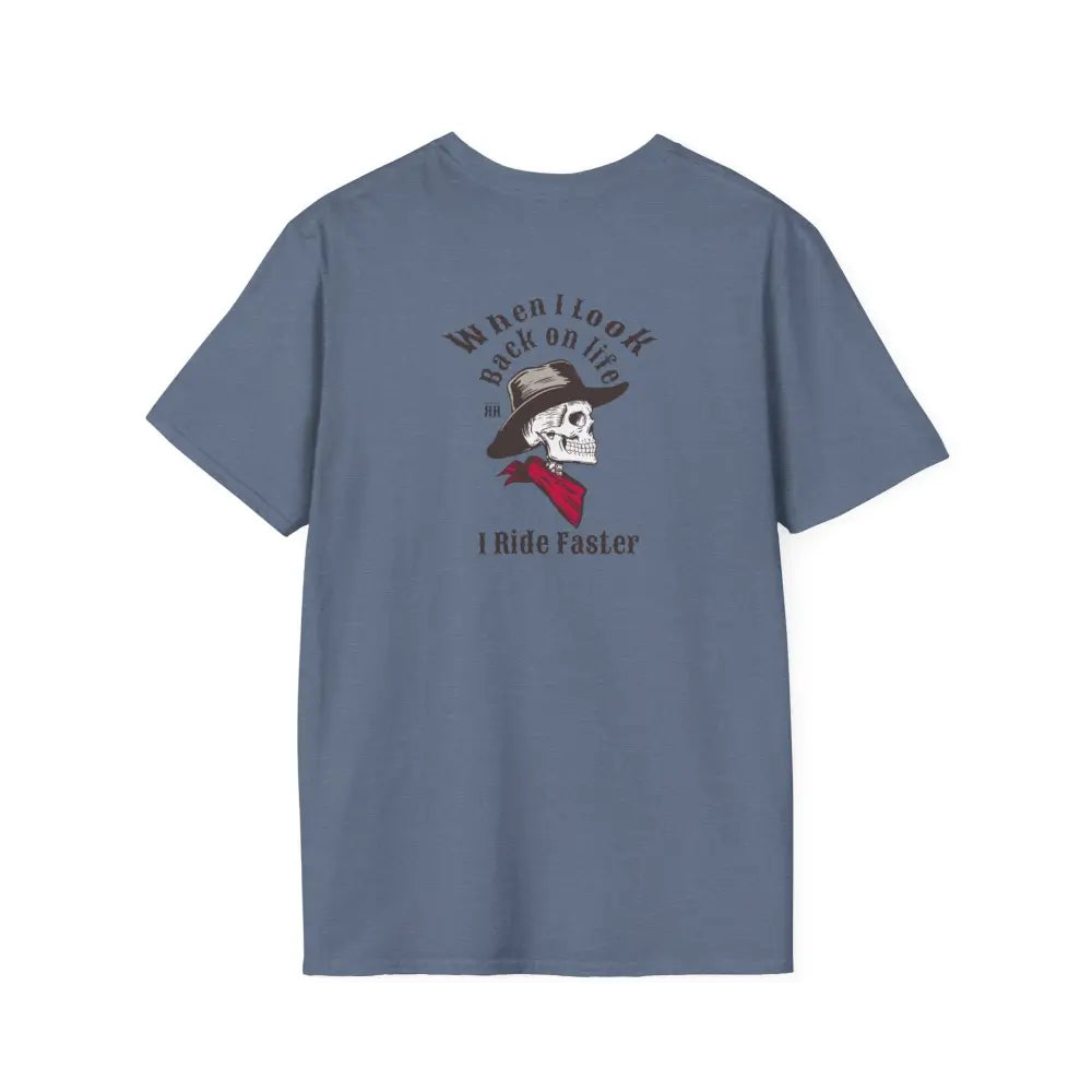’Grim Rider looking back’ BACK DESIGN Double R Western’s™ Softstyle T Shirt S / Heather Indigo T Shirt