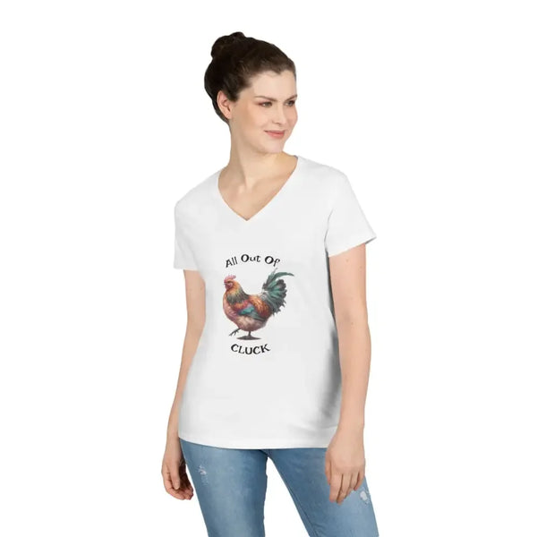 White ladies V-neck T-shirt worn by model with chicken graphic and "All Out Of" text