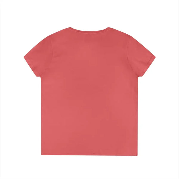 Coral red ladies V-neck T-shirt back view, plain no graphic