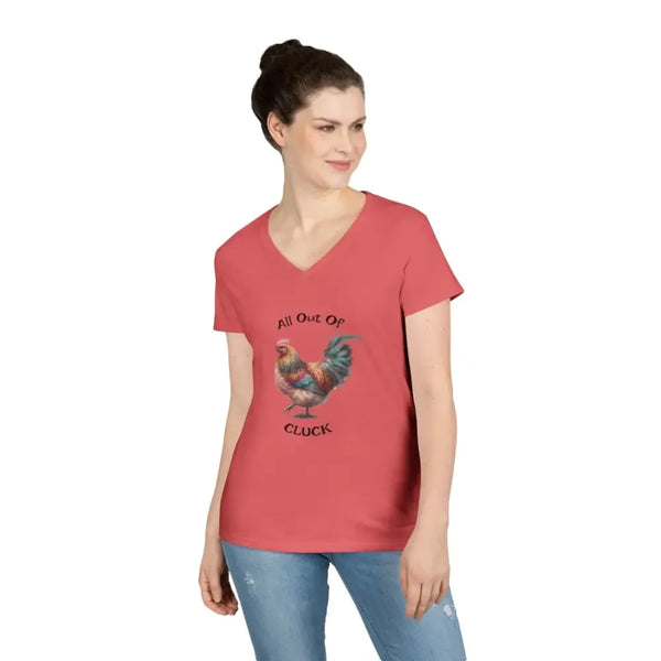Red ladies V-neck T-shirt worn by model with chicken graphic and "All Out Of" text