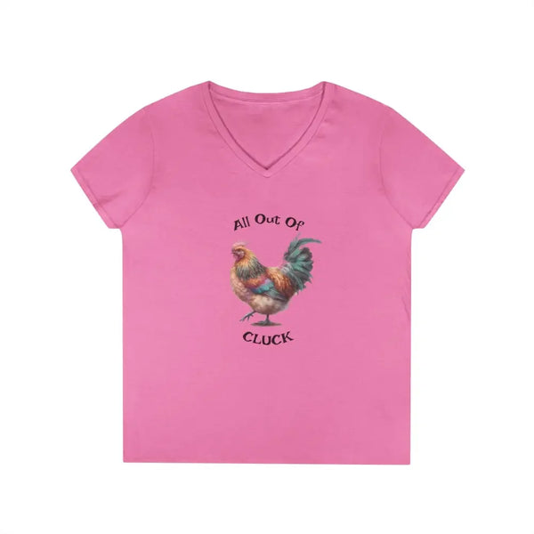 Azalea pink ladies V-neck T-shirt with chicken graphic and "All Out Of" text