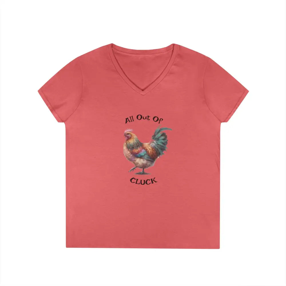 Ladies’ V Neck T Shirt ’All Out Of CLUCK’ Funny Chicken Tee S / Coral Silk V neck