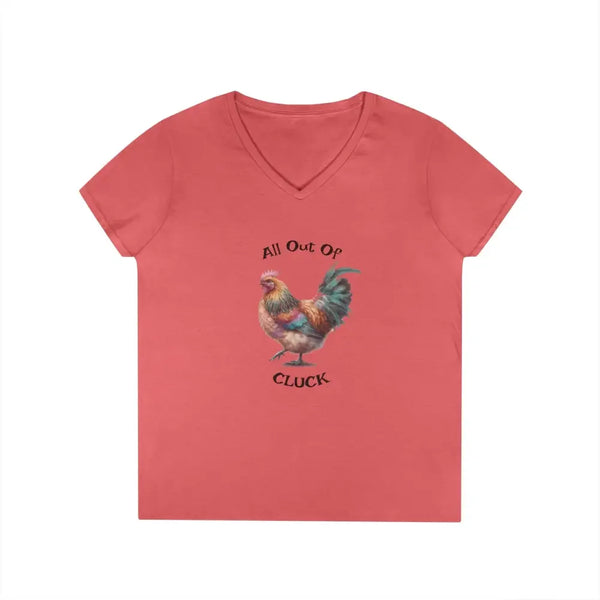Coral ladies V-neck T-shirt with chicken graphic and "All Out Of" text