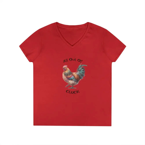 Red ladies V-neck T-shirt with chicken graphic and "All Out Of" text