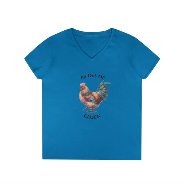 Sapphire blue ladies V-neck T-shirt with chicken graphic and "All Out Of" text
