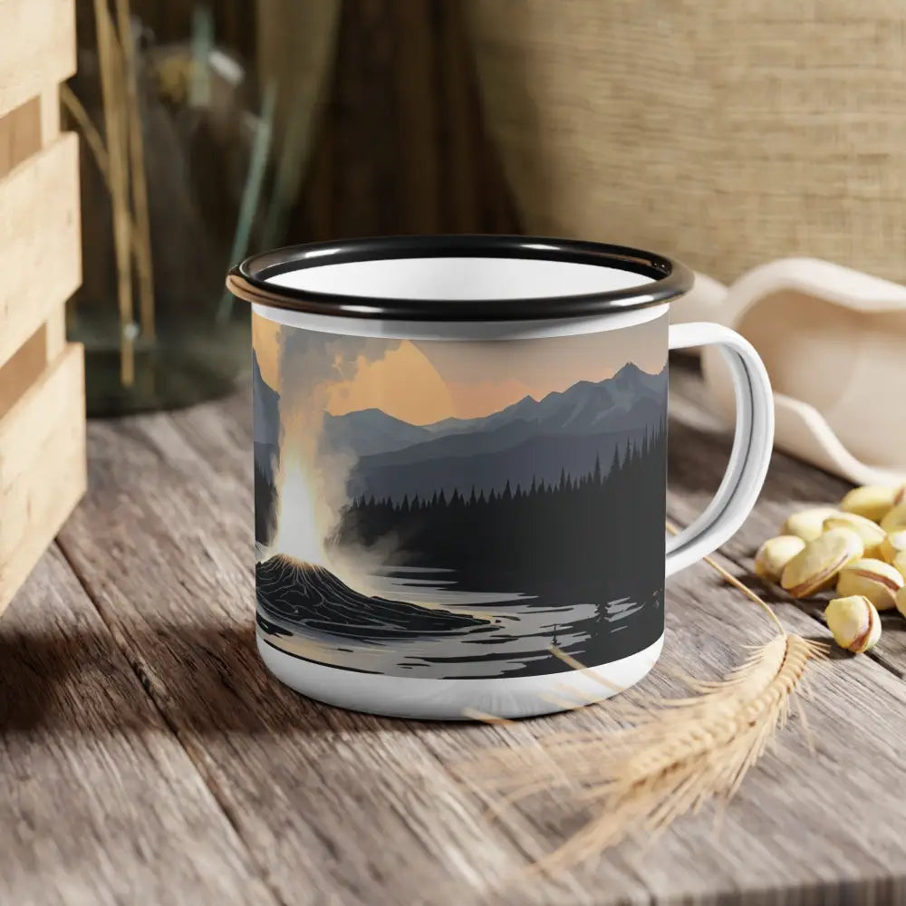 Lassoed Landscapes: Midnight Geyser Enamel Camp Mug – Double R Western’s Hot Off The Trail - 12oz / Black Rim - Mug