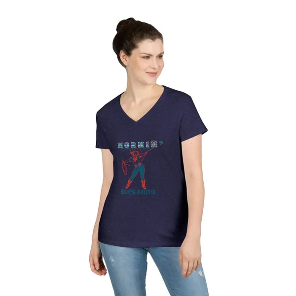 Navy V-neck T-shirt with western cowboy graphic on front, worn by model