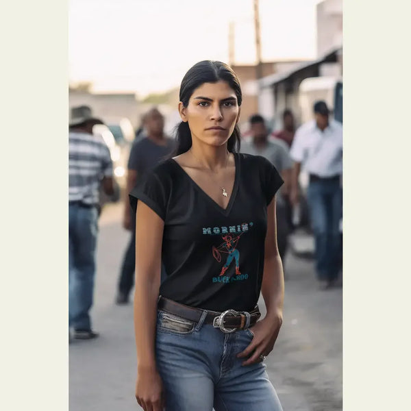 Black V-neck T-shirt with western cowboy graphic, worn by model