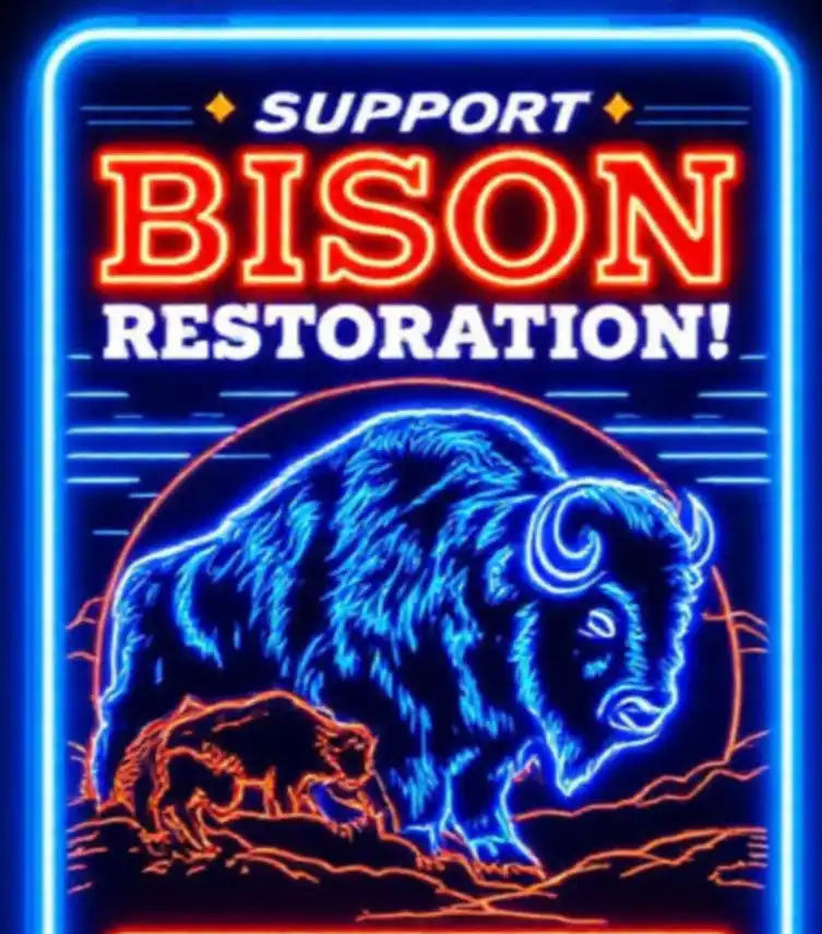 Majestic neon bison sign glowing at night, symbolizing Double R Western’s commitment to bison restoration and Native American support