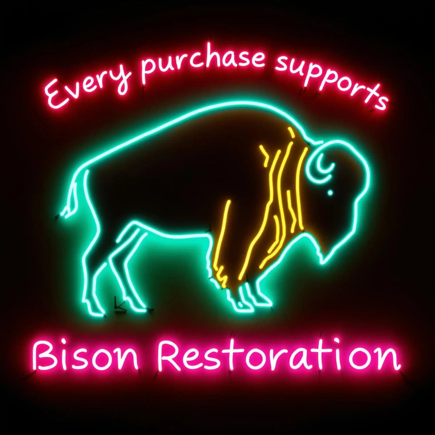 Neon sign of a bison with text.