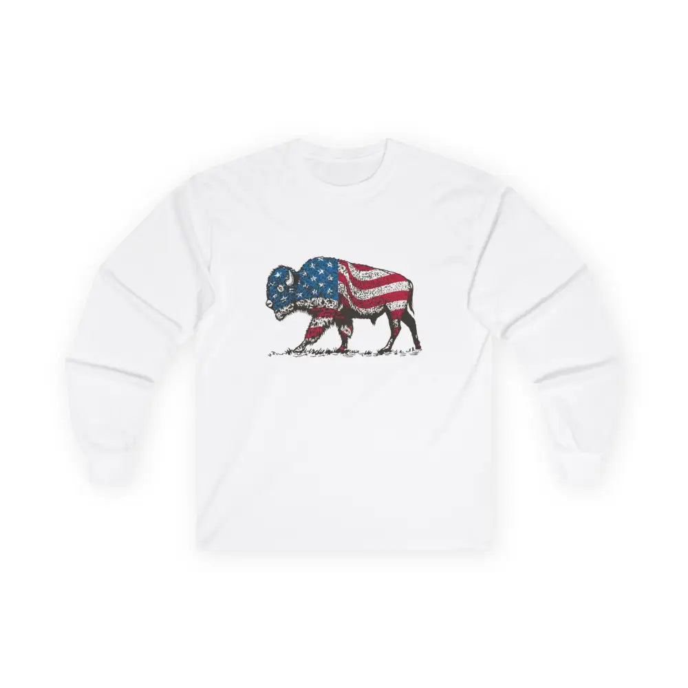 ’Red White and Bison’ - Double R Western’s™ - Basic Long Sleeve Tee Ultra Cotton - White / S - Long-sleeve