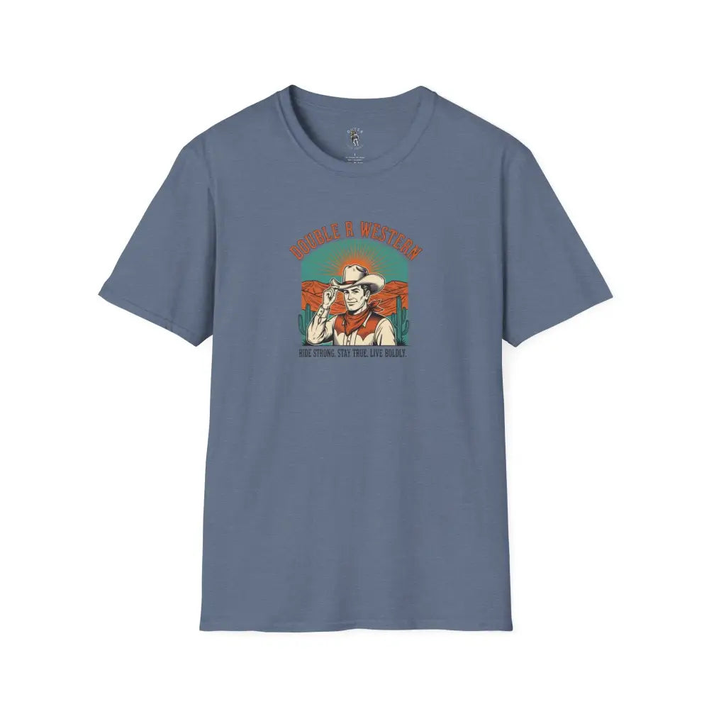 Retro Western Vintage Tee – Unisex Old West Style Heather Indigo / S T Shirt
