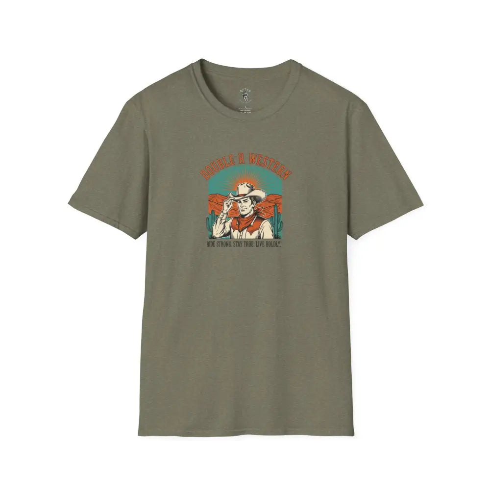 Retro Western Vintage Tee – Unisex Old West Style Heather Military Green / S T Shirt