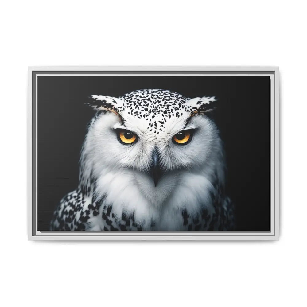 Snow Owl Midnight Edition Framed Art Canvas Wrap – Double R Western™ 24″ x 16″ (Horizontal) / White / 1.25’’ Canvas