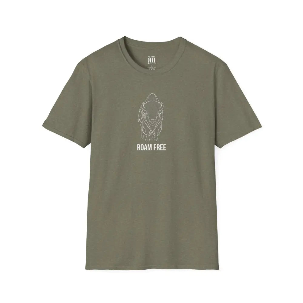 Spirit Line “Roam Free” White Bison Tee – Double R Western™ Hot Off The Trail S / Heather Military Green T Shirt