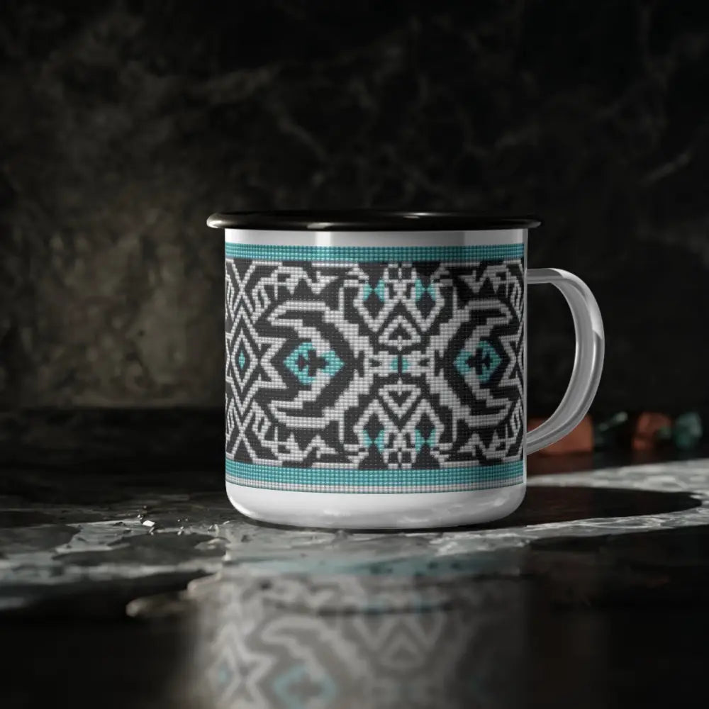 ’Tribal Echoes’ Enamel Camp Mug Perfect for Camping & Outdoor Adventures 12oz / Black Rim Mug