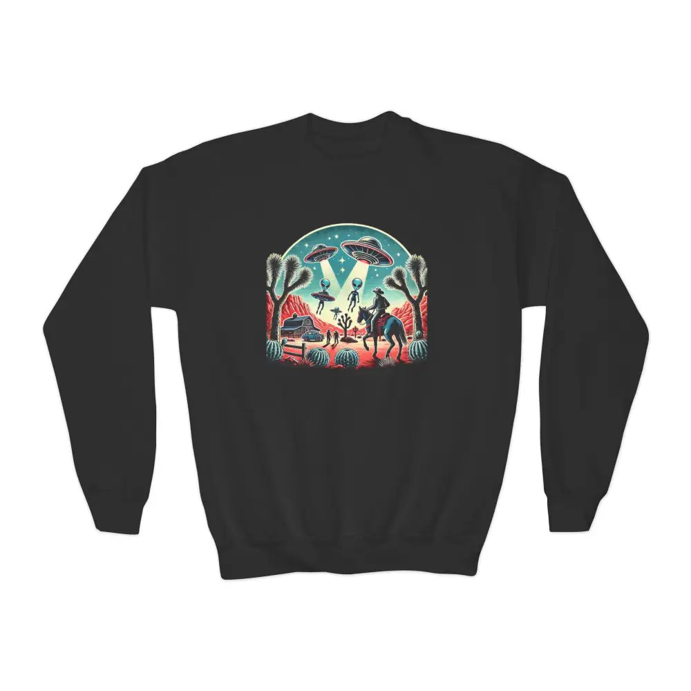 Youth Crewneck Sweatshirt - Retro Alien Abduction Design - Black / XS - Kids clothes